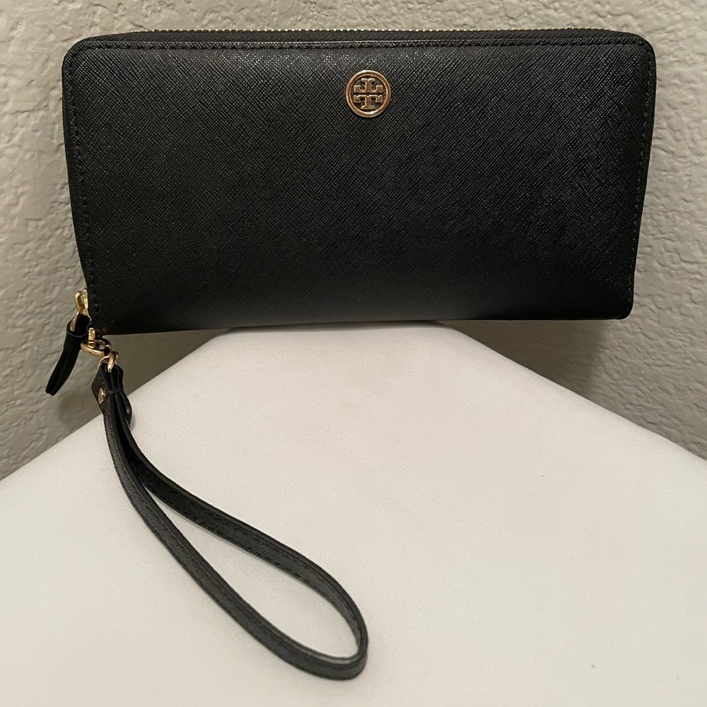 Tory Burch Black Wristlet Wallet with navy interior, 9" x 4 1/2" x 3/4"